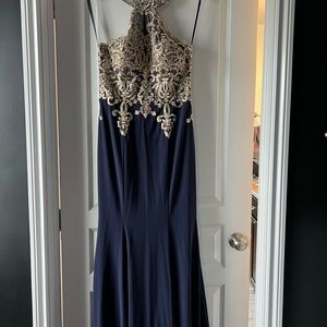 Beautiful gold embellished navy evening gown